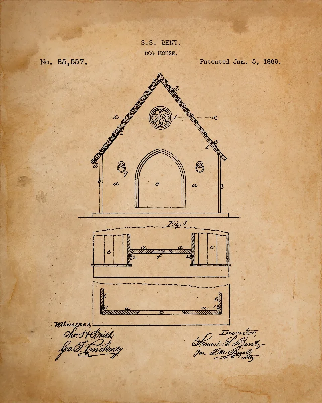 Set of 4 Patent Prints - Dog Collar, Harness, Biscuit & Dog House - 1869 - 1927