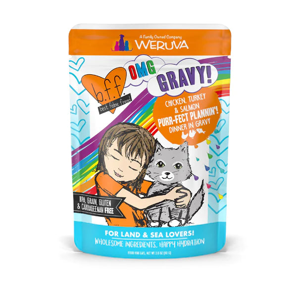    - Cat food for immune system support  BFF Pouch Chicken Turkey & Salmon Purr-Fect Plannin