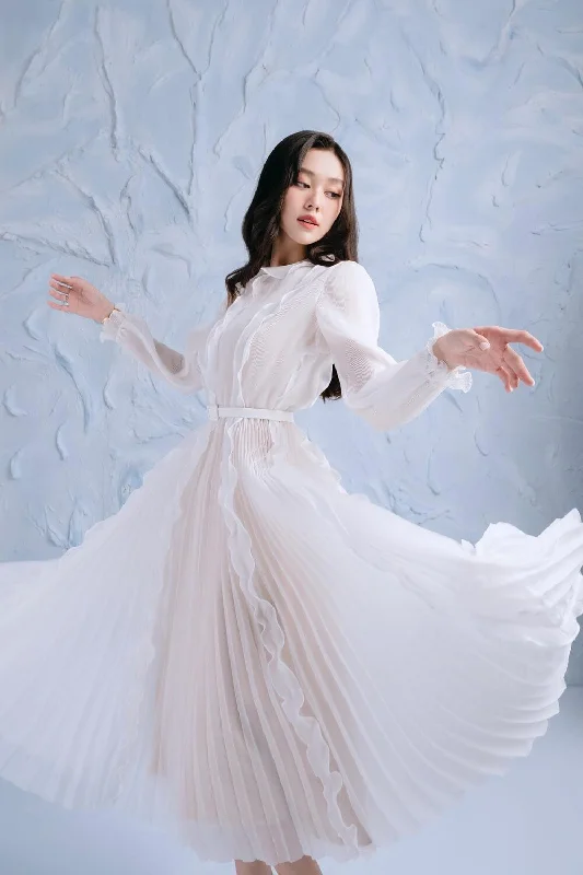 Snowny Flared Pleated Organza Midi Dress