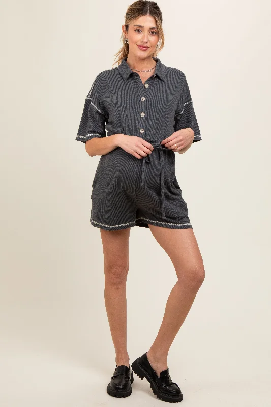 Charcoal Front Button Contrast Stitch Maternity Romper