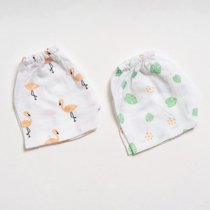 Aariro White Shorts-Flamingo and Leaves Print-Organic Cotton Muslin-Pack of 2-For Infants