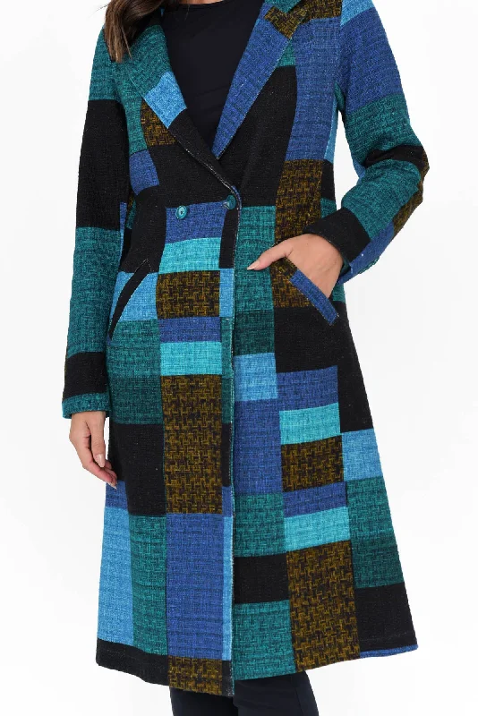 Nasam Blue Tartan Cotton Pocket Coat